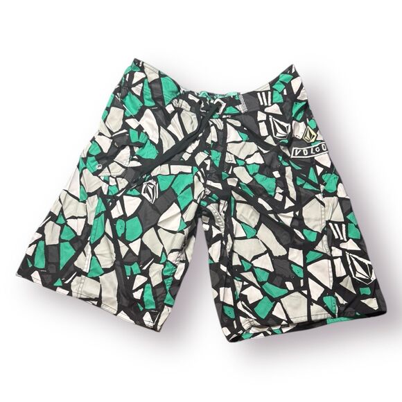 Volcom‎ Green Black Board Shorts Size 34" Swim Trunks Retro Geometric Y2K - Picture 1 of 5